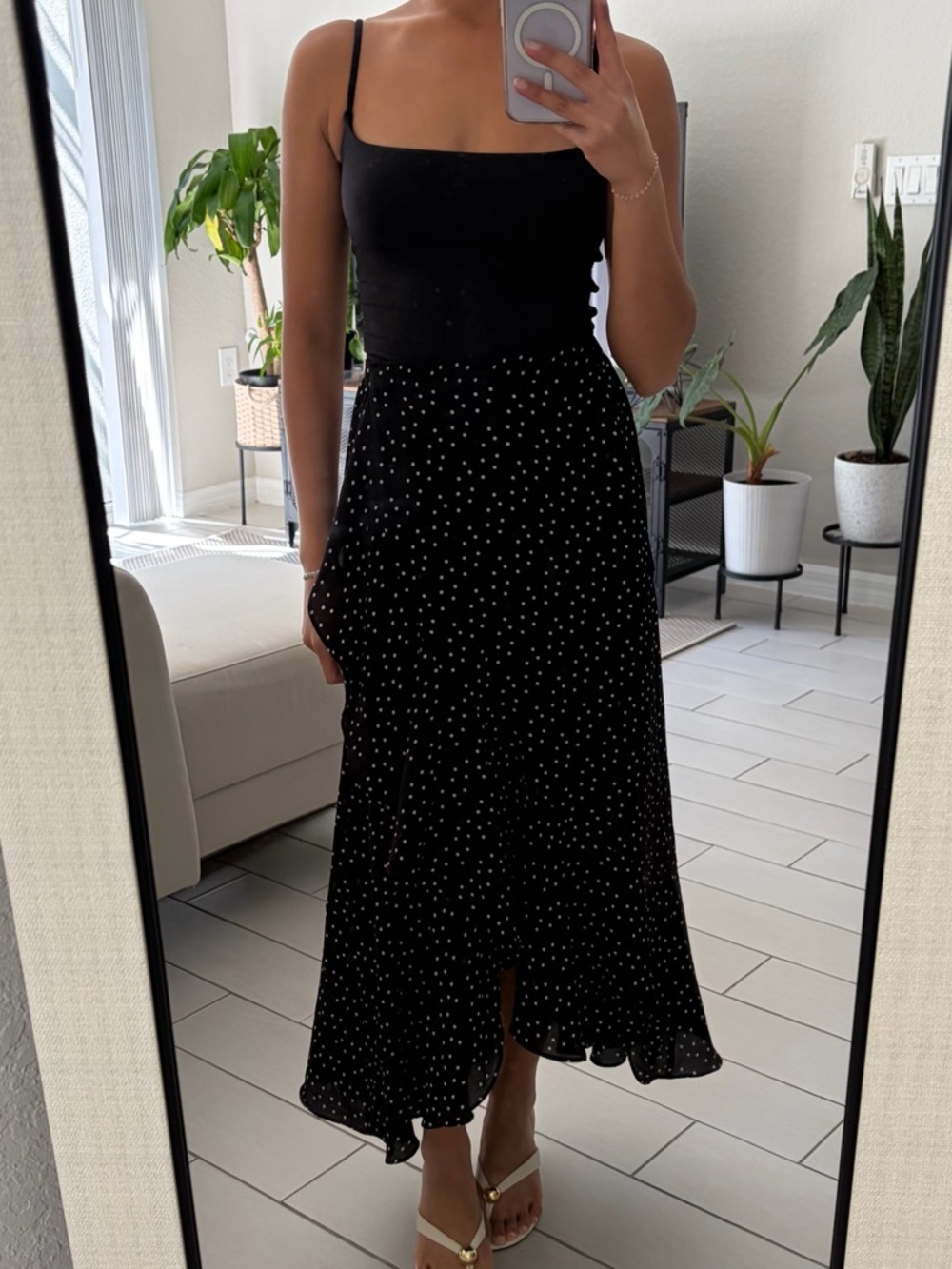 Max Studio Black Midi Skirt with White Polka Dots
